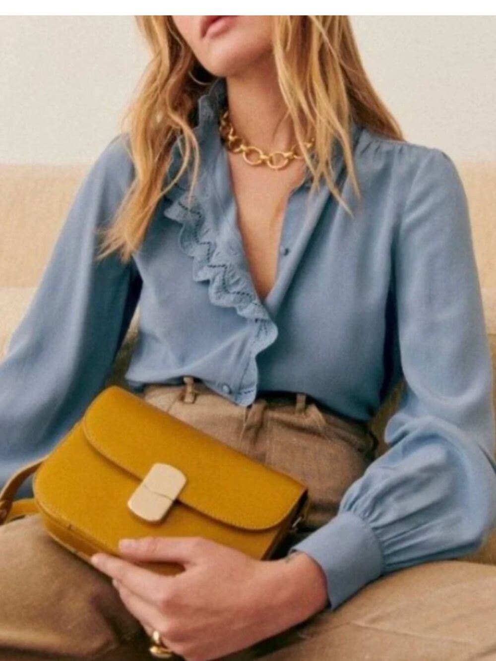 Sezane Chloe Blue Lace Trim Button Front Blouse %100 Silk NWT
